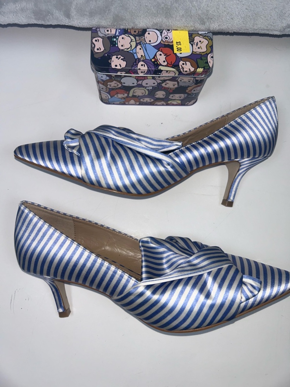 Gunmetal Gunnii Blue White Striped Knot Pointed-Toe Flats - Picture 8 of 10